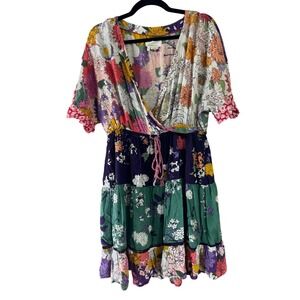 Anthropologie Floral Patchwork Tiered Mini Dress Small Multi Color Modal Boho